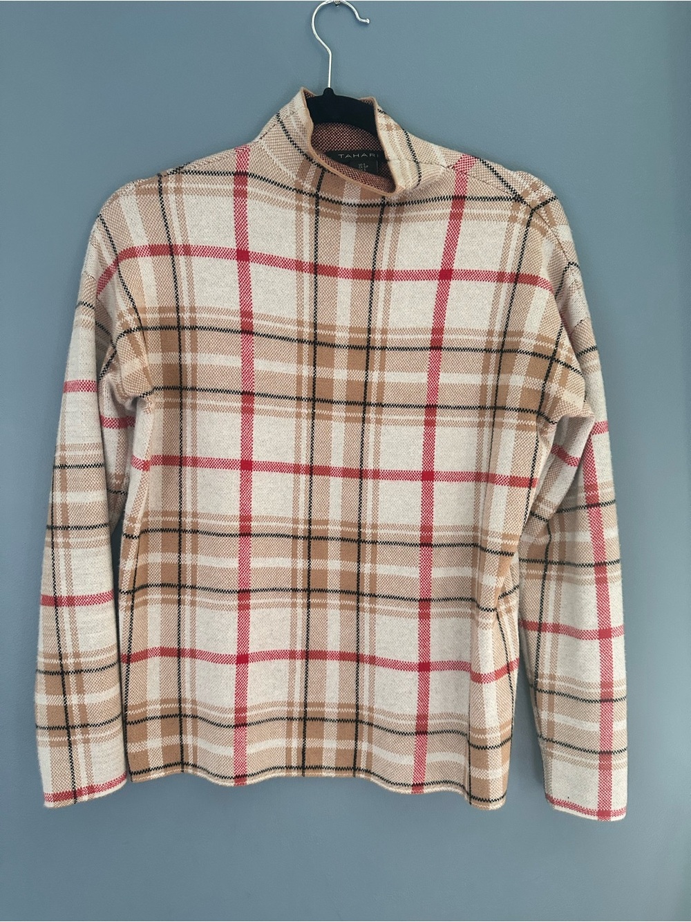 Tahari Cream Plaid Turtleneck Sweater with Tan and Pink Accents